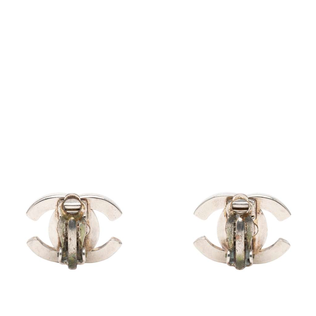 Chanel CC Silver Plated Turn Lock Clip On Earrings - 2
