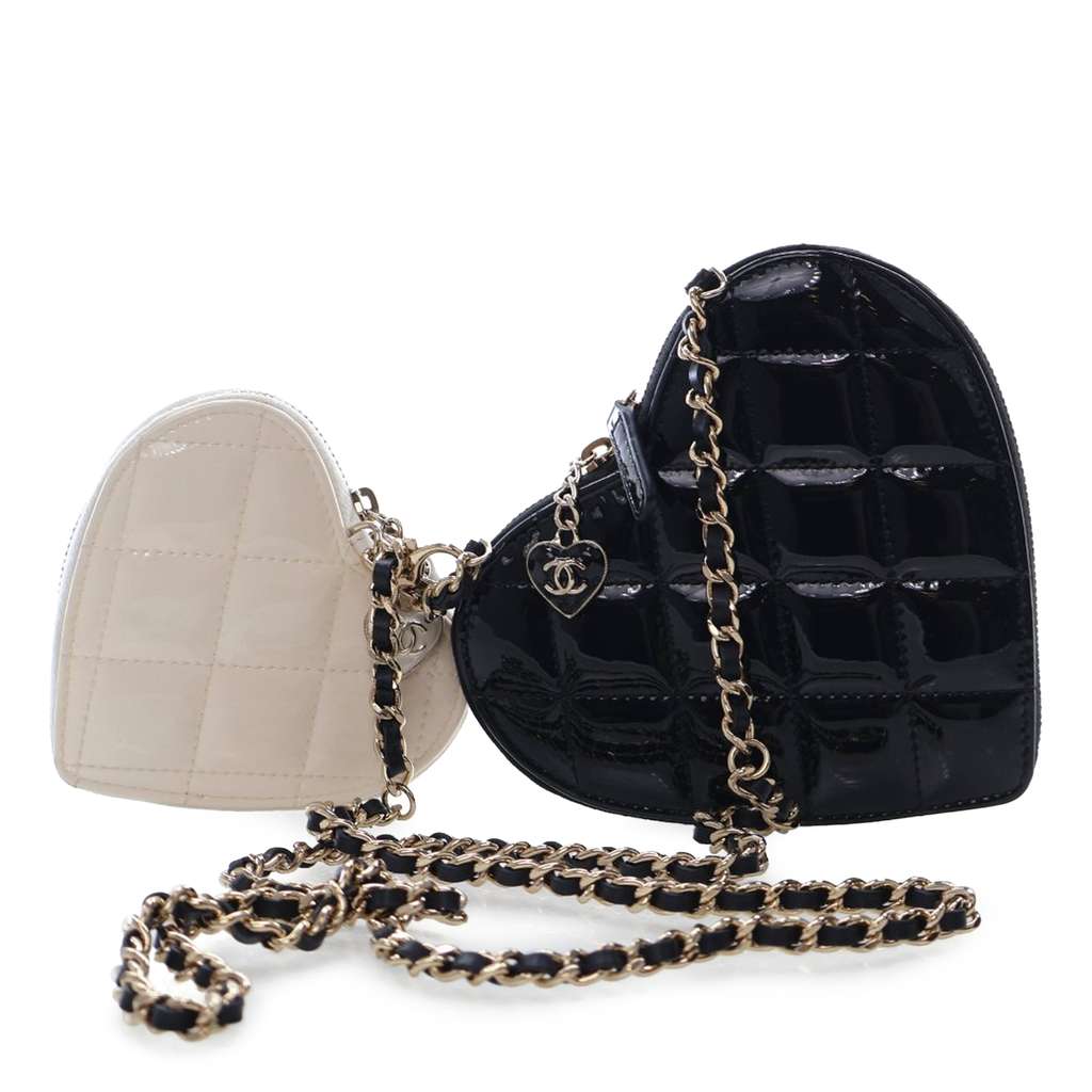 Chanel Quilted Patent Duo Heart Clutch with Chain - 2