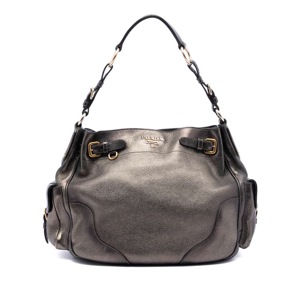 Prada Metallic Vitello Daino Side Flap Pockets Shoulder Bag