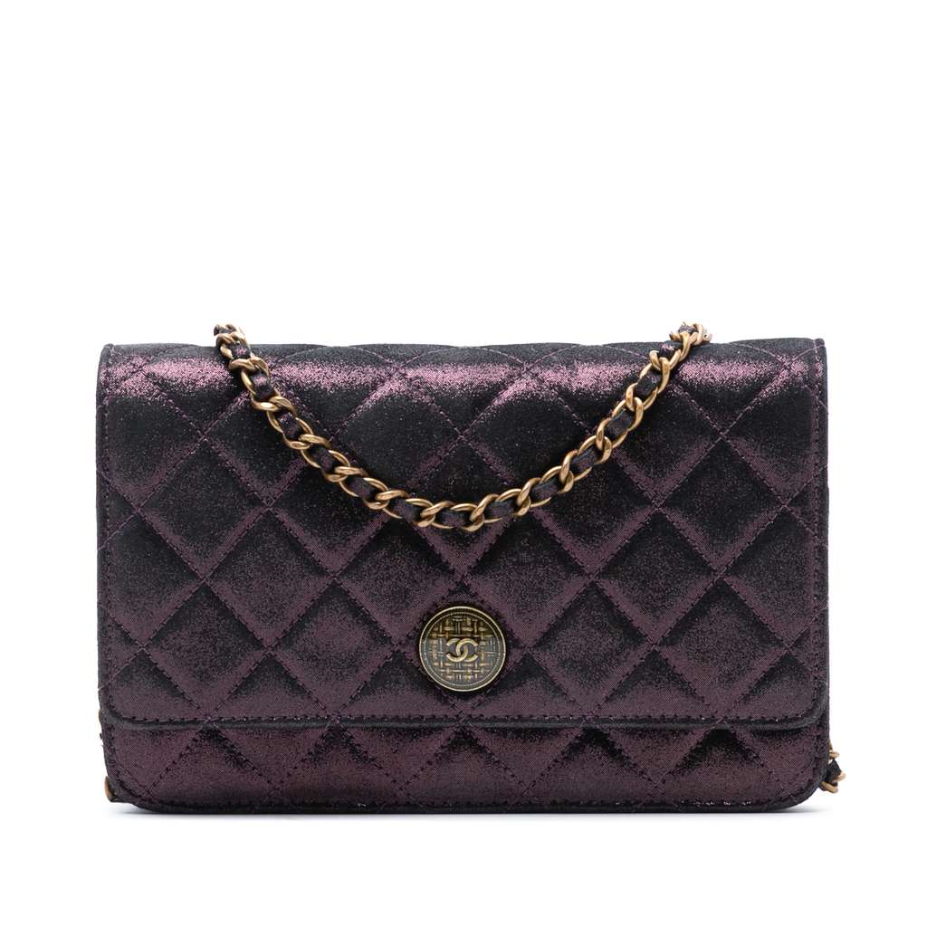 Chanel Quilted Iridescent Lambskin Tartan Button Wallet On Chain