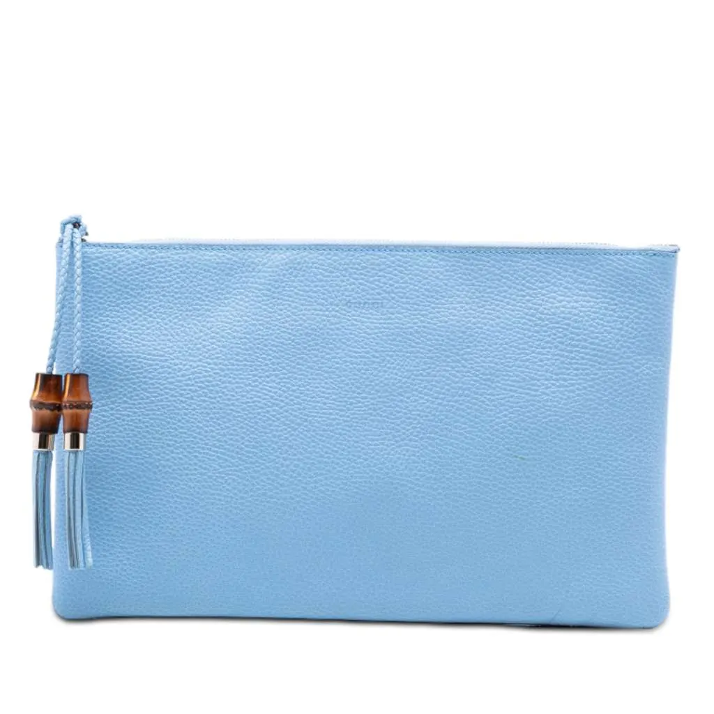 Gucci Calfskin Bamboo Tassel Clutch Blue Leather Very good - Front View