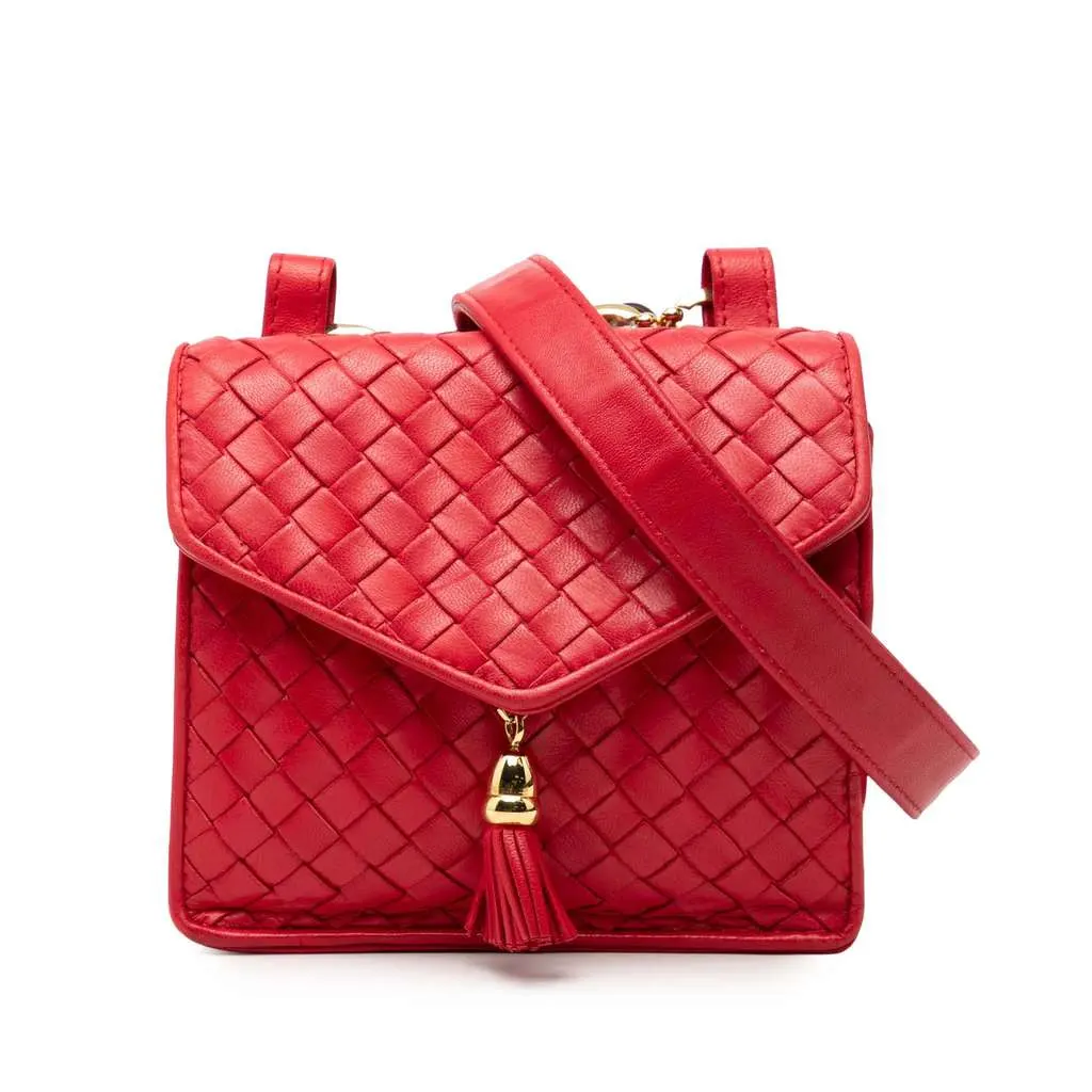 Bottega Veneta Nappa Intrecciato Tassel Shoulder Bag Red Leather Good - Front View