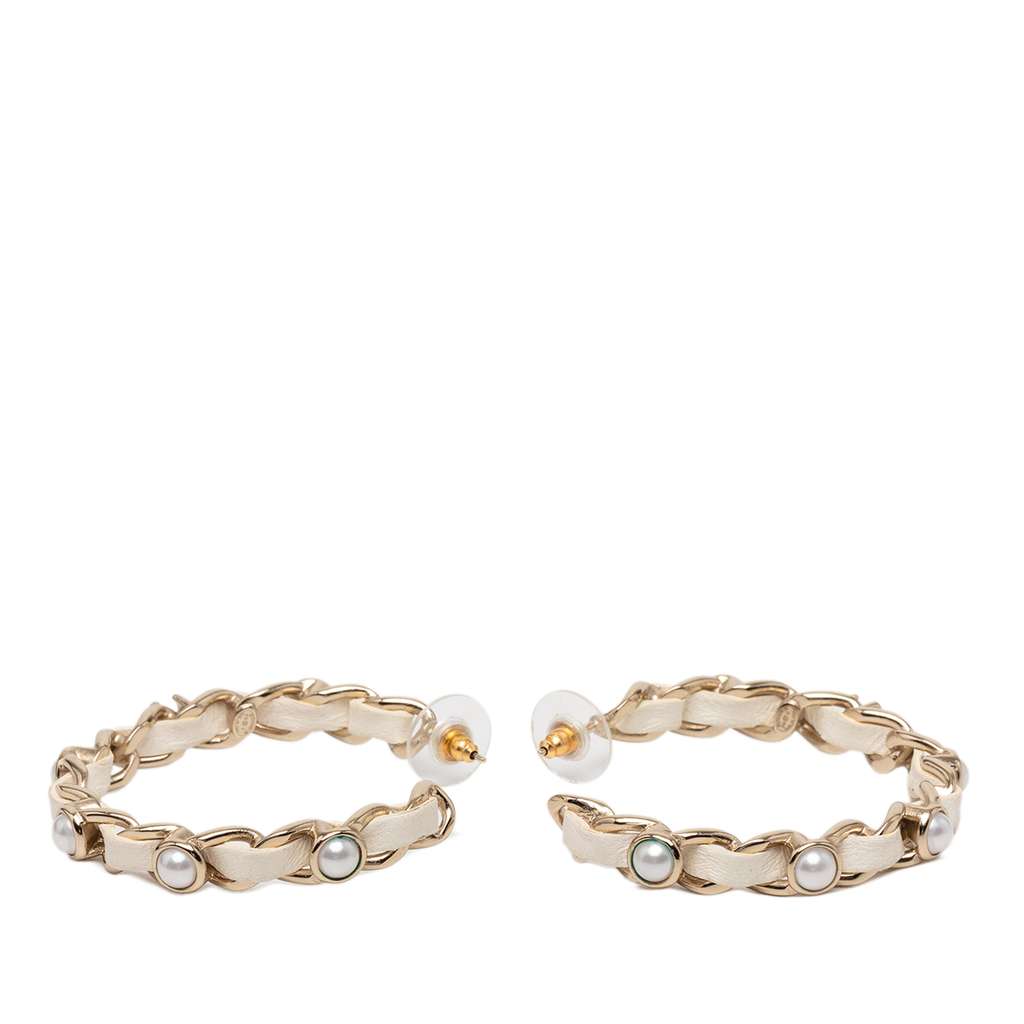 Chanel CC Leather Woven Gold Plated Chain Faux Pearl Hoop Push Back Earrings - 2