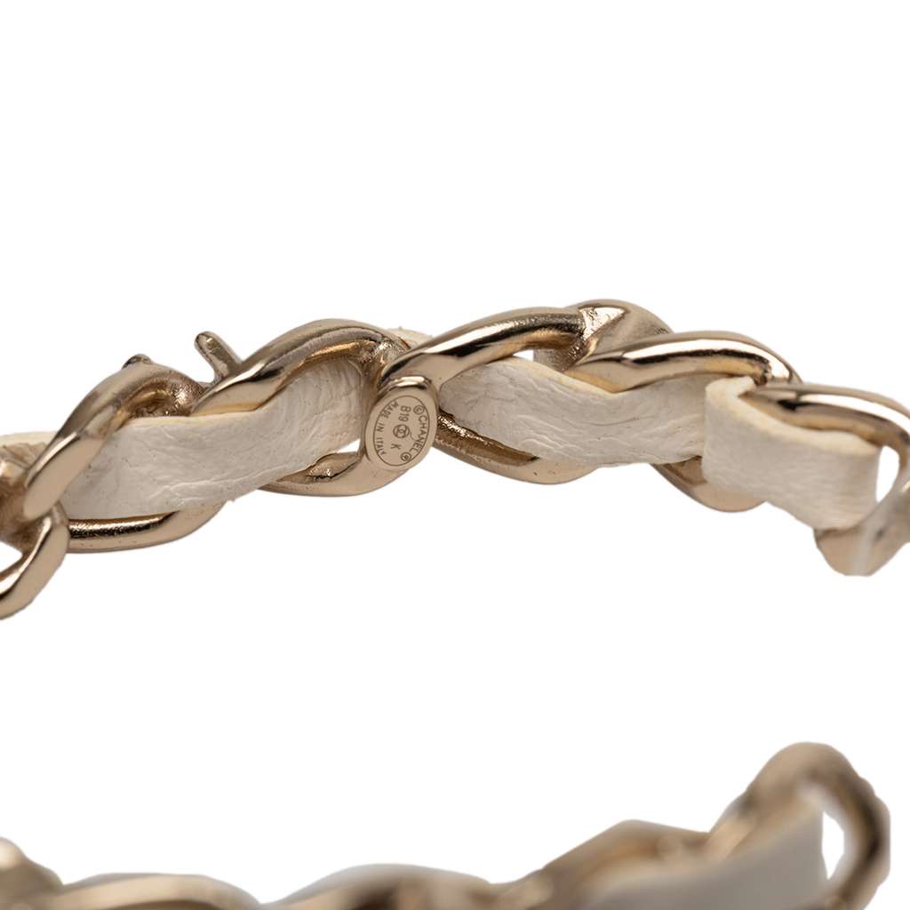 Chanel CC Leather Woven Gold Plated Chain Faux Pearl Hoop Push Back Earrings - 3