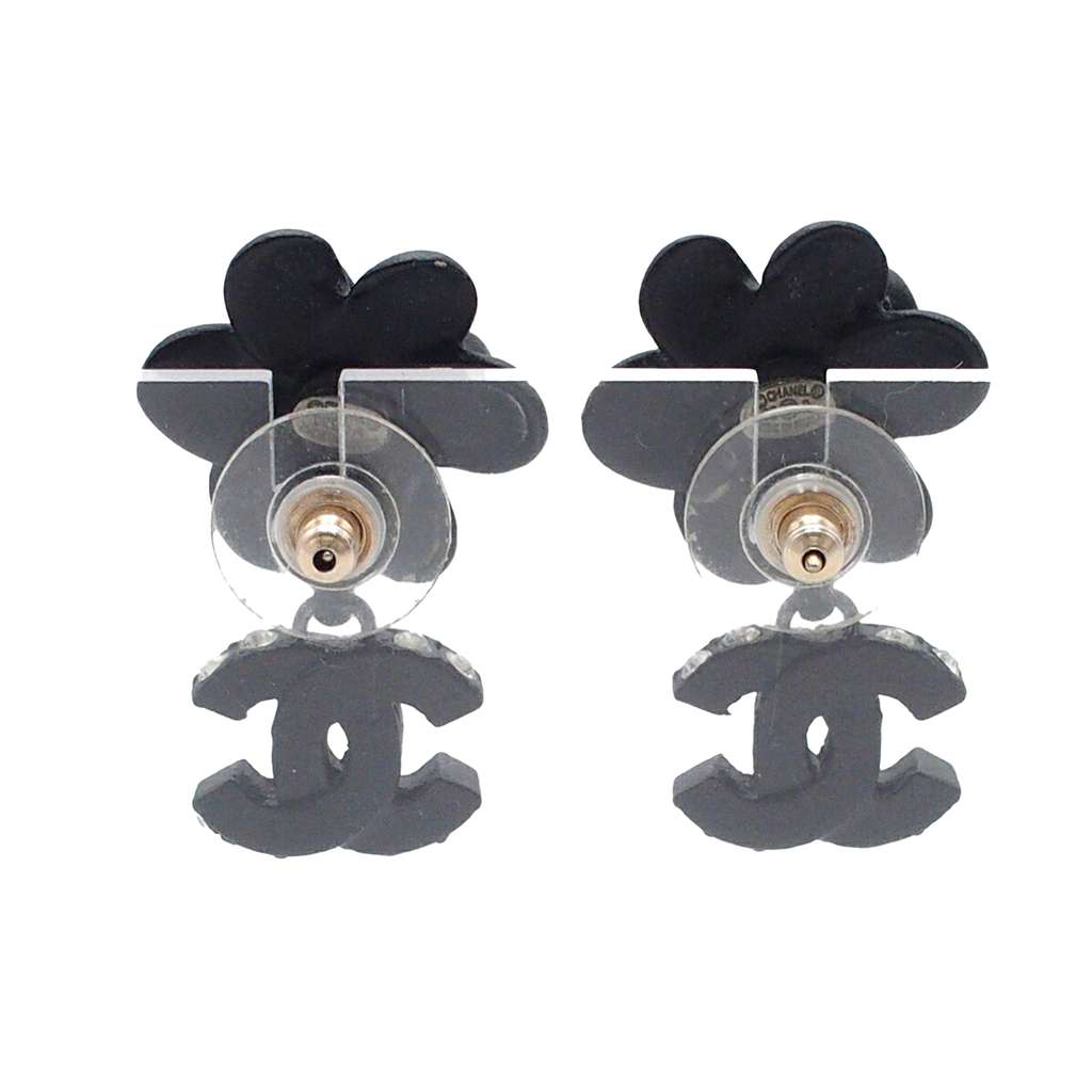 Chanel Metal Resin Rhinestone Camellia CC Drop Push Back Earrings - 2