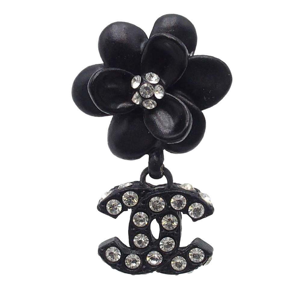 Chanel Metal Resin Rhinestone Camellia CC Drop Push Back Earrings - 3