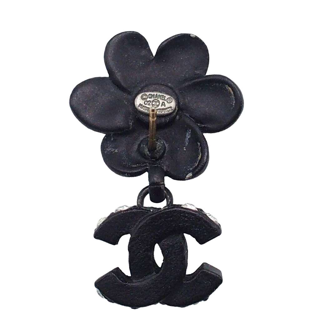 Chanel Metal Resin Rhinestone Camellia CC Drop Push Back Earrings - 4