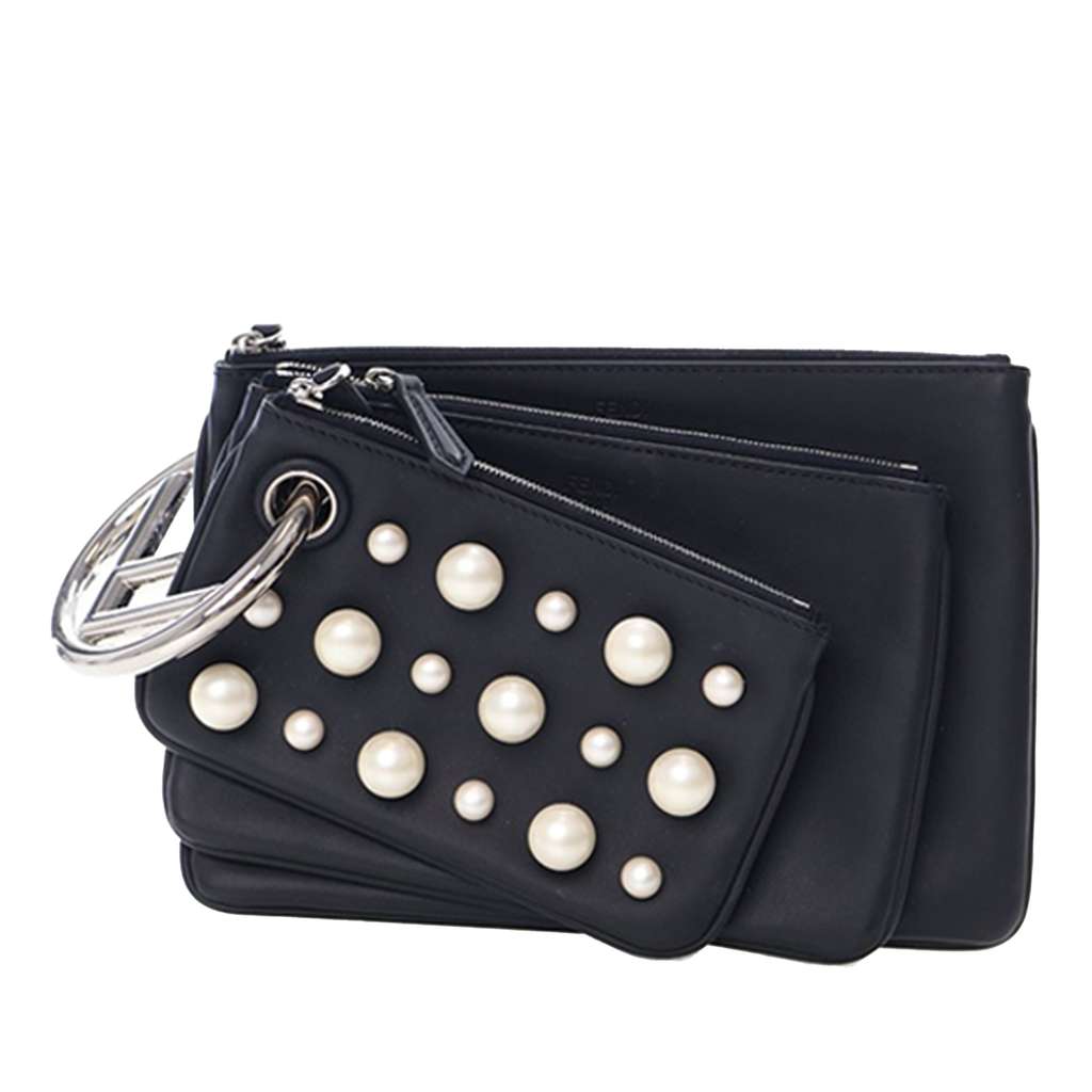 Fendi Leather Pearl Studded Triplette Clutch - 2