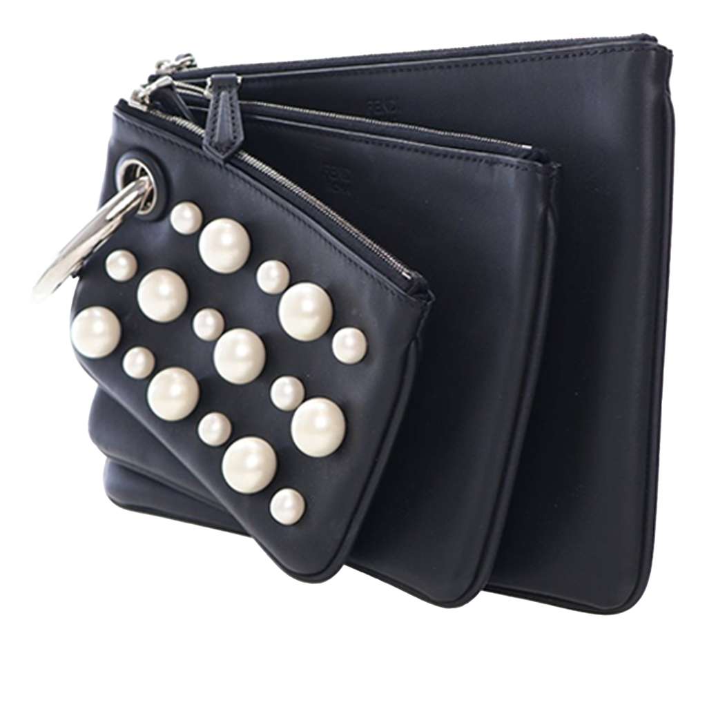 Fendi Leather Pearl Studded Triplette Clutch - 3