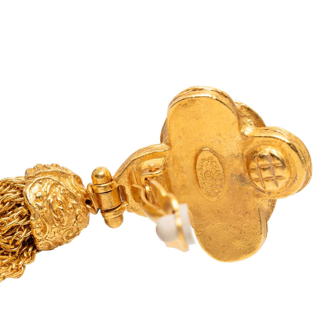 Chanel Gold Plated CC Tassel Fringe Dangle Clip On Earrings - 3