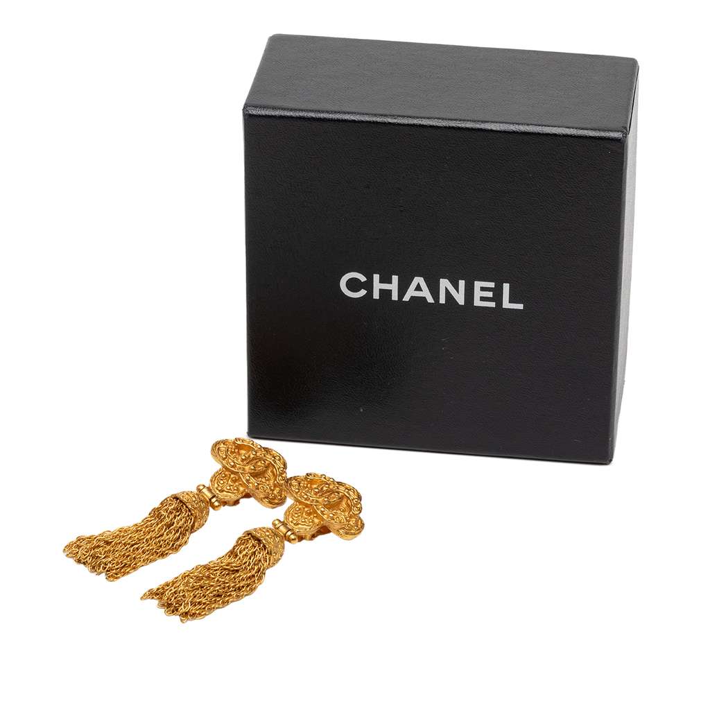 Chanel Gold Plated CC Tassel Fringe Dangle Clip On Earrings - 4