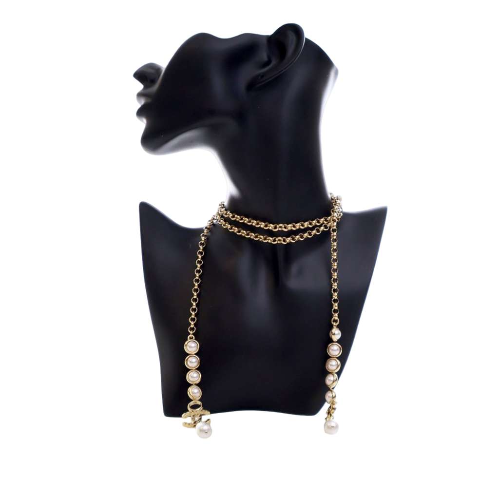 Chanel CC Gold Plated Faux Pearl Wrap Around Necklace
