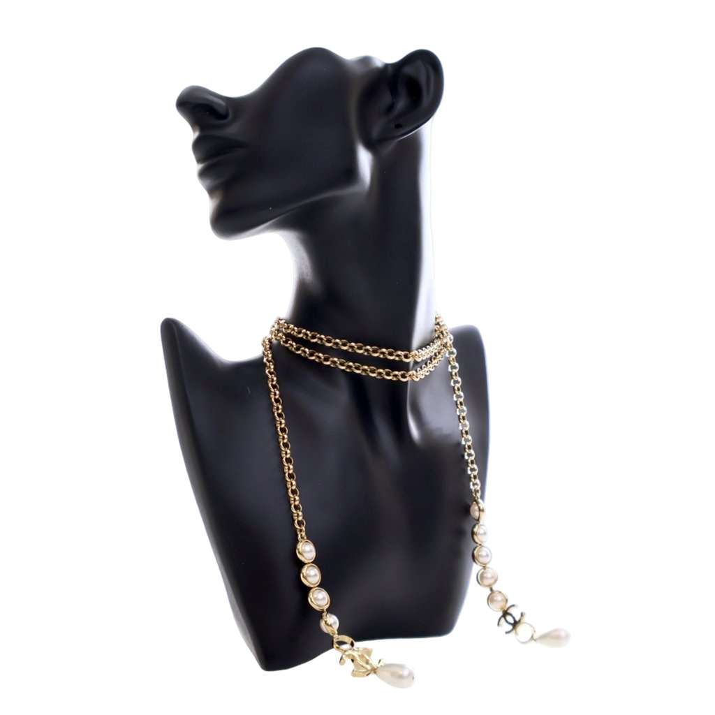 Chanel CC Gold Plated Faux Pearl Wrap Around Necklace - 2