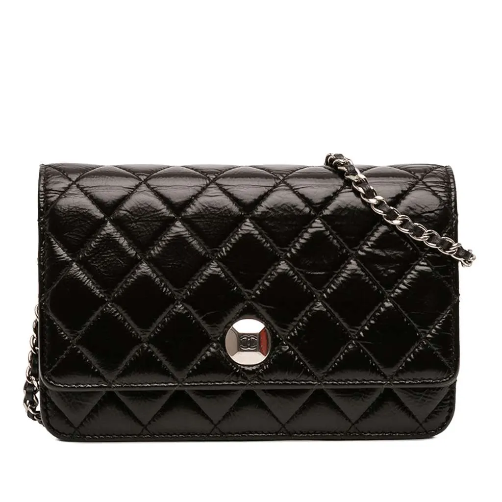 Chanel CC Quilted Crinkled Patent Wallet On Chain Black Leather Very good - Front View