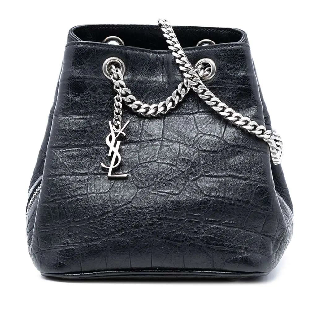 Saint Laurent Baby Crocodile Embossed Calfskin Emmanuelle Bucket Bag Black Leather Good - Front View