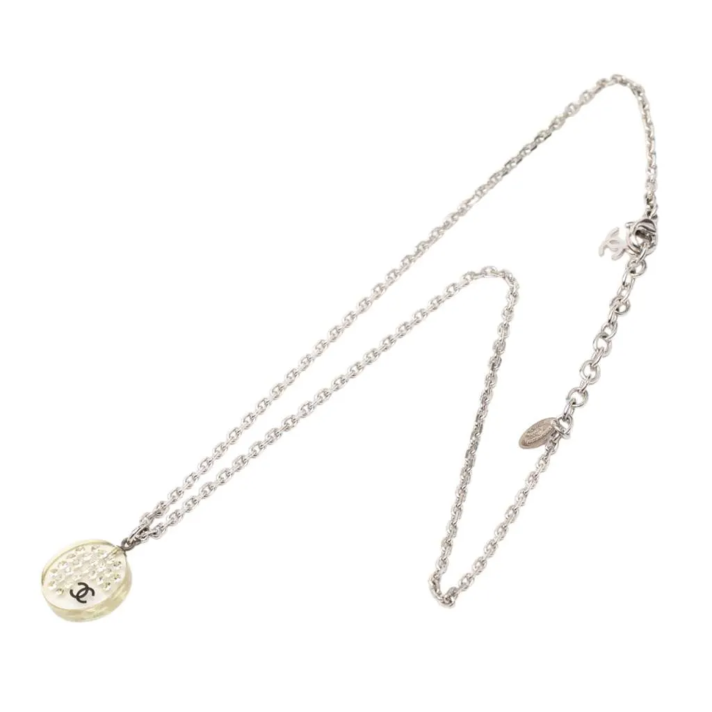 Chanel CC Silver Plated Resin Rhinestone Pendant Necklace Silver Metal Very good - Front View