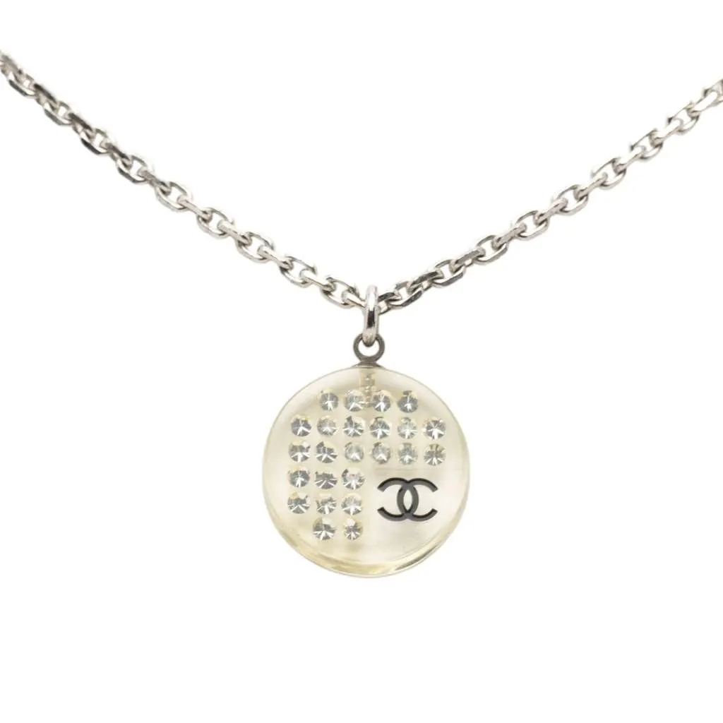 Chanel CC Silver Plated Resin Rhinestone Pendant Necklace Silver Metal Very good - Back View