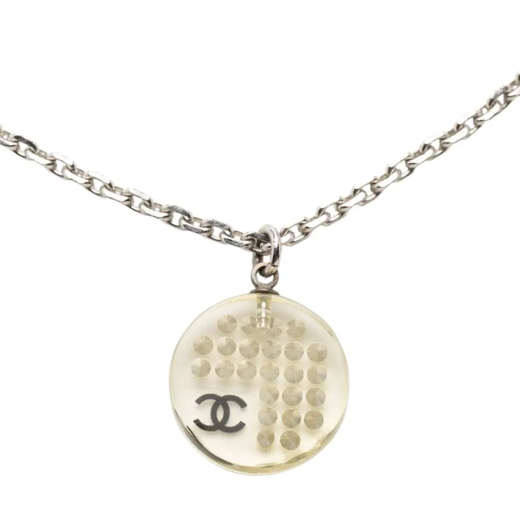Chanel CC Silver Plated Resin Rhinestone Pendant Necklace Silver Metal Very good - Inside View