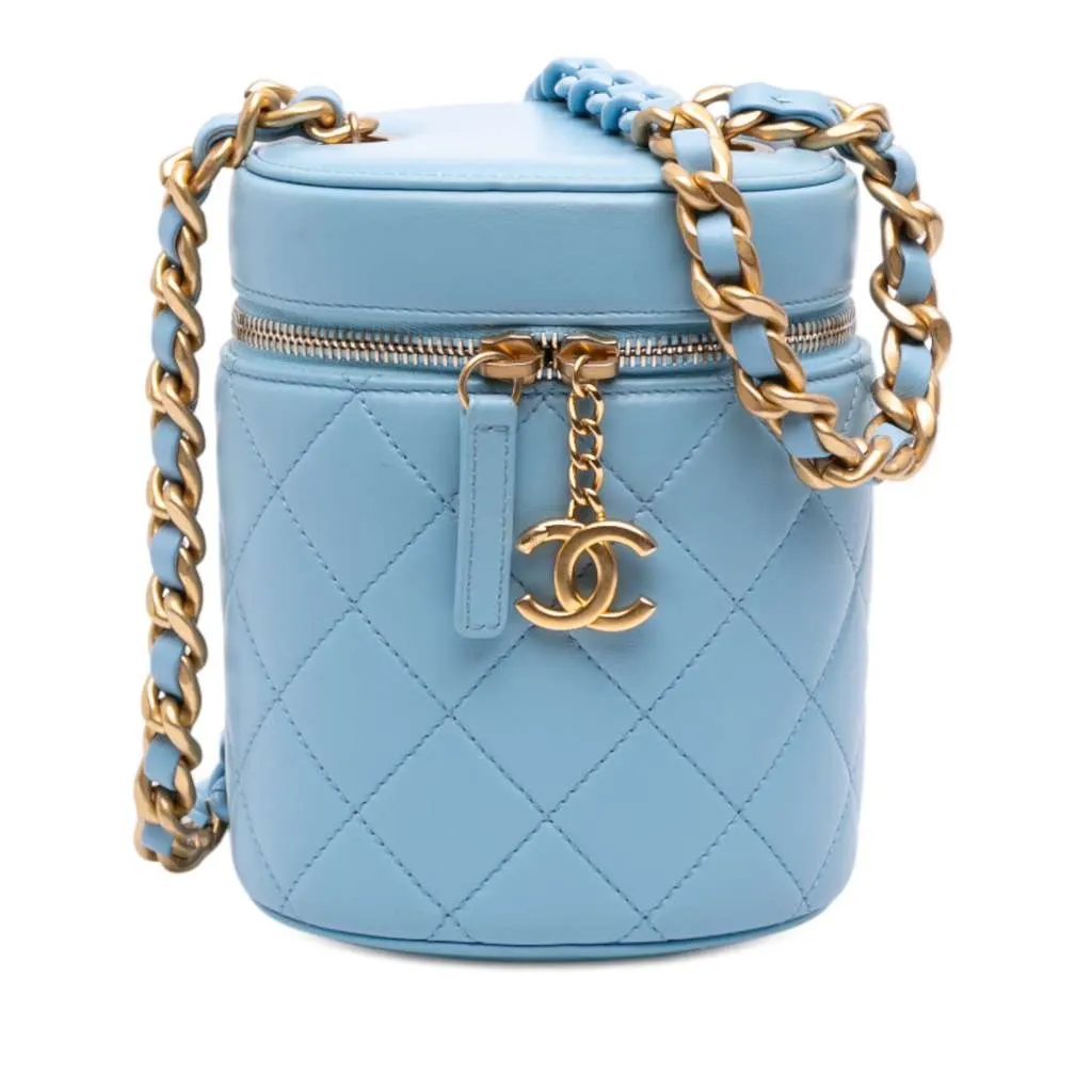Chanel Mini CC Quilted Lambskin Vertical Vanity Case Blue Leather Very good - Front View