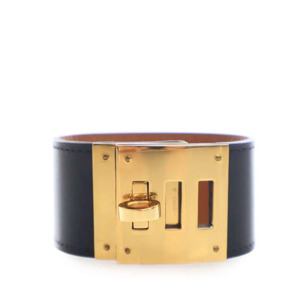 Hermès Swift and Gold Plated Kelly Extreme Dog Bracelet Black Leather Good - Front View