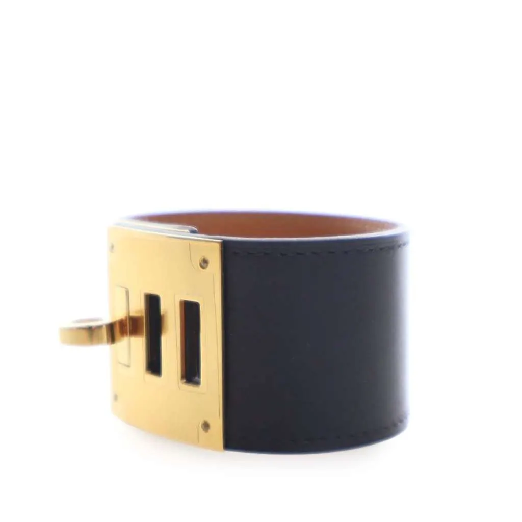 Hermès Swift and Gold Plated Kelly Extreme Dog Bracelet Black Leather Good - Back View