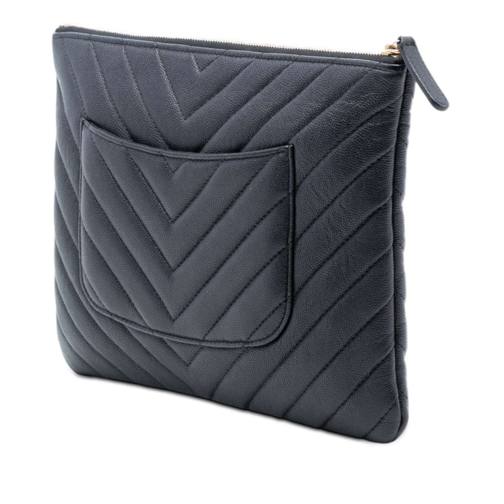 Chanel Medium CC Chevron Caviar O Case Clutch Black Leather Good condition - Back View