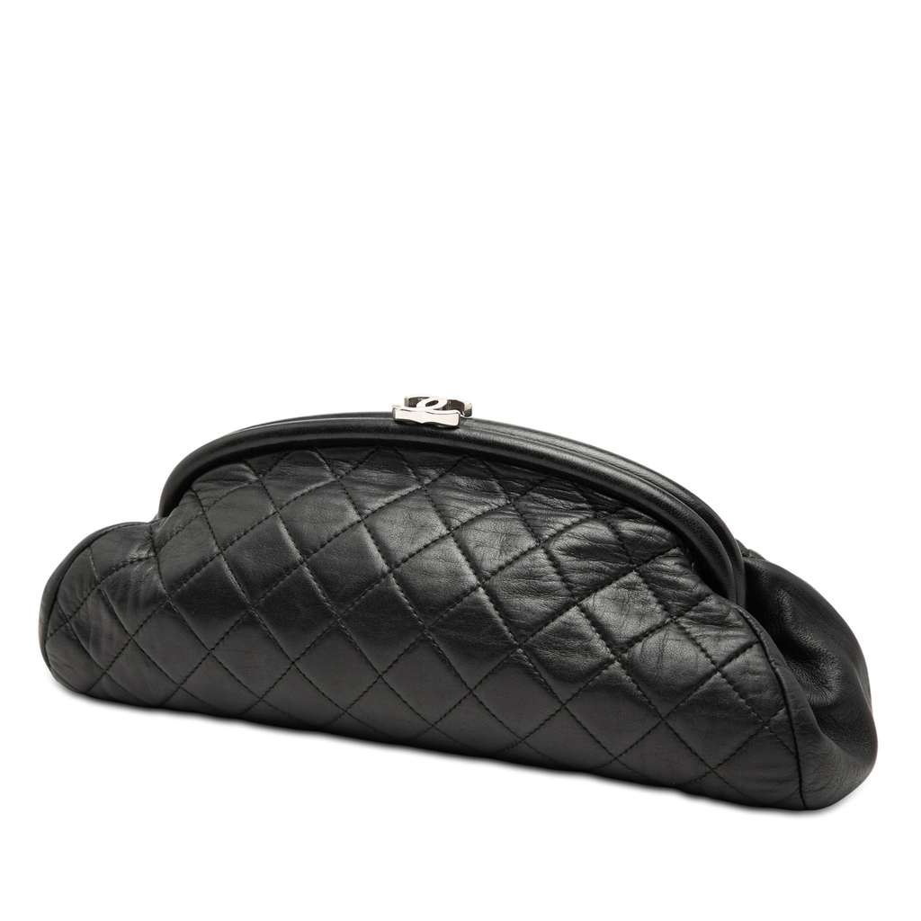 Chanel Quilted Lambskin Timeless Kisslock Clutch Black Leather Good condition - Back View