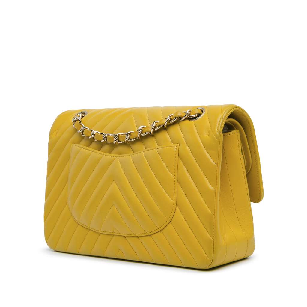 Chanel Medium Classic Chevron Lambskin Double Flap Yellow Leather Good condition - Back View