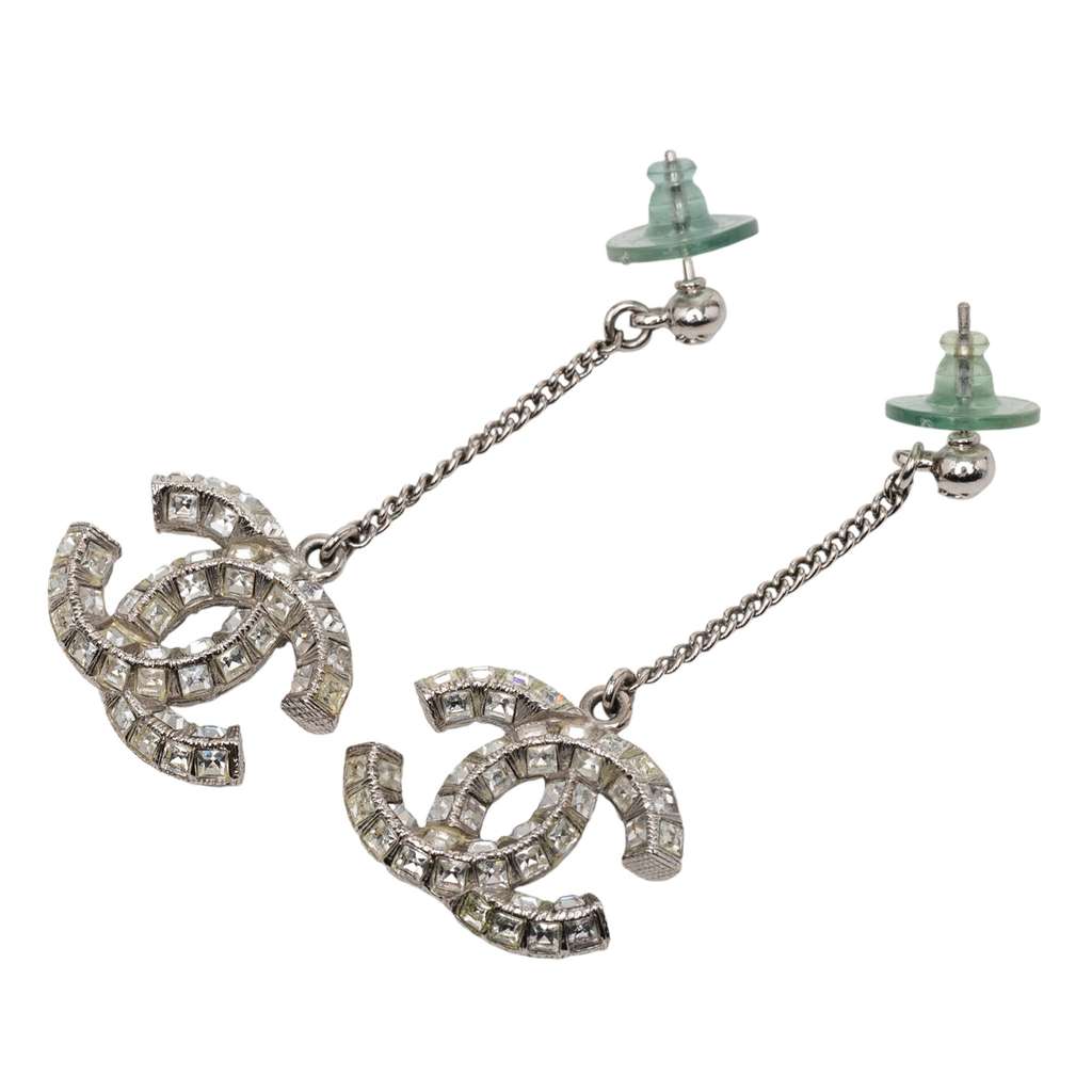 Chanel Silver Plated Crystal CC Drop Push Back Earrings Silver Metal Good condition - Back View