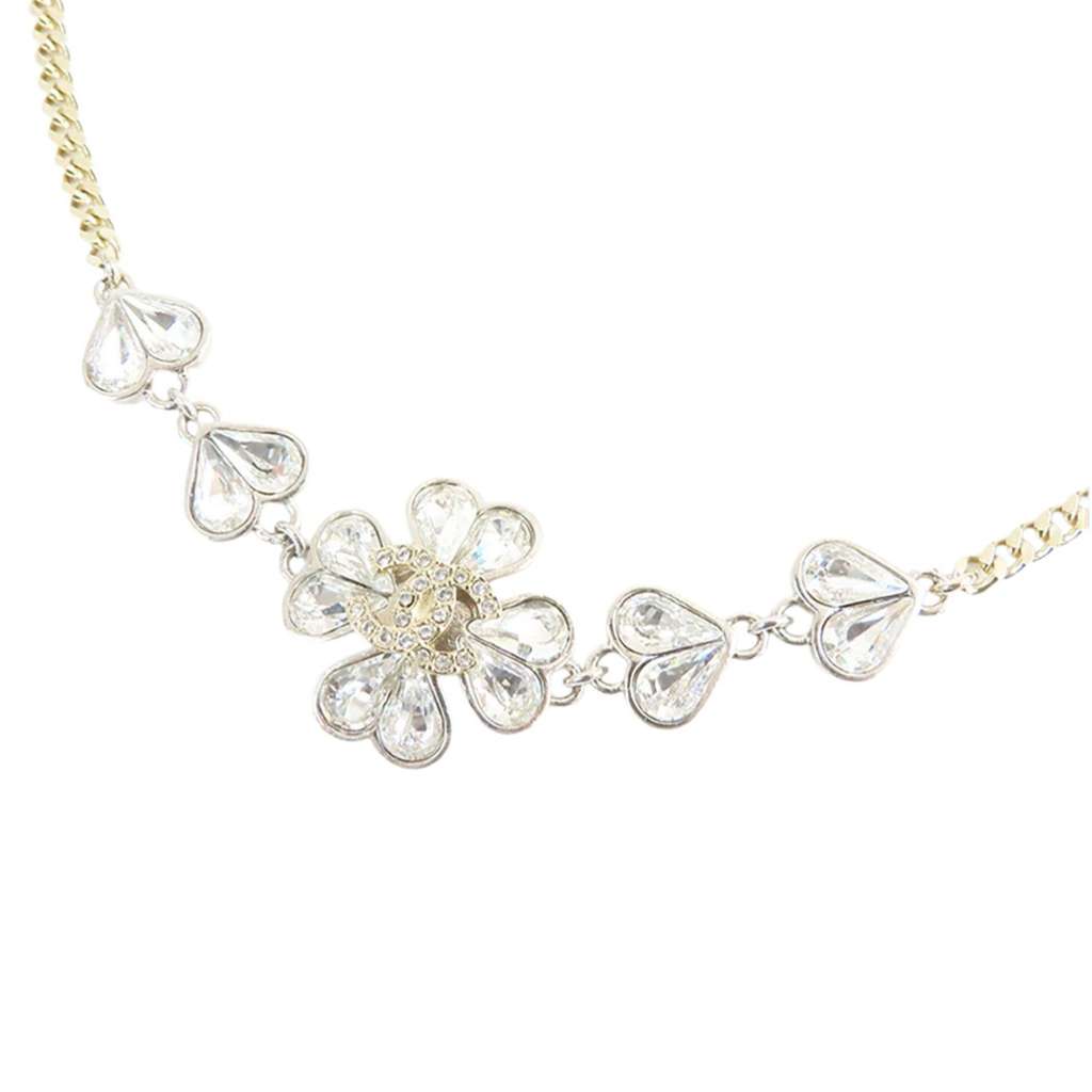 Chanel CC Gold and Silver Plated Crystals Heart and Clover Charm Pendant Necklace Gold Metal Good condition - Back View