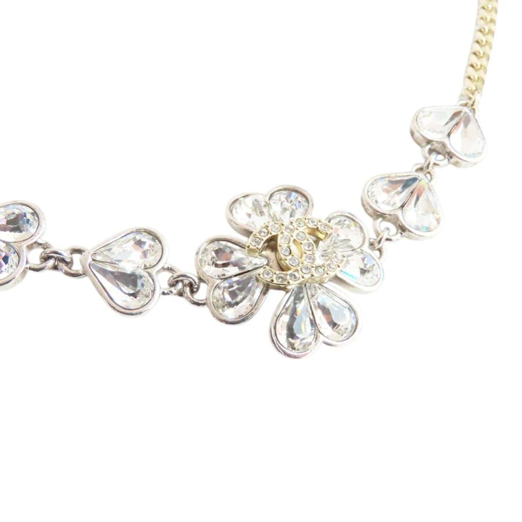 Chanel CC Gold and Silver Plated Crystals Heart and Clover Charm Pendant Necklace Gold Metal Good condition - Inside View