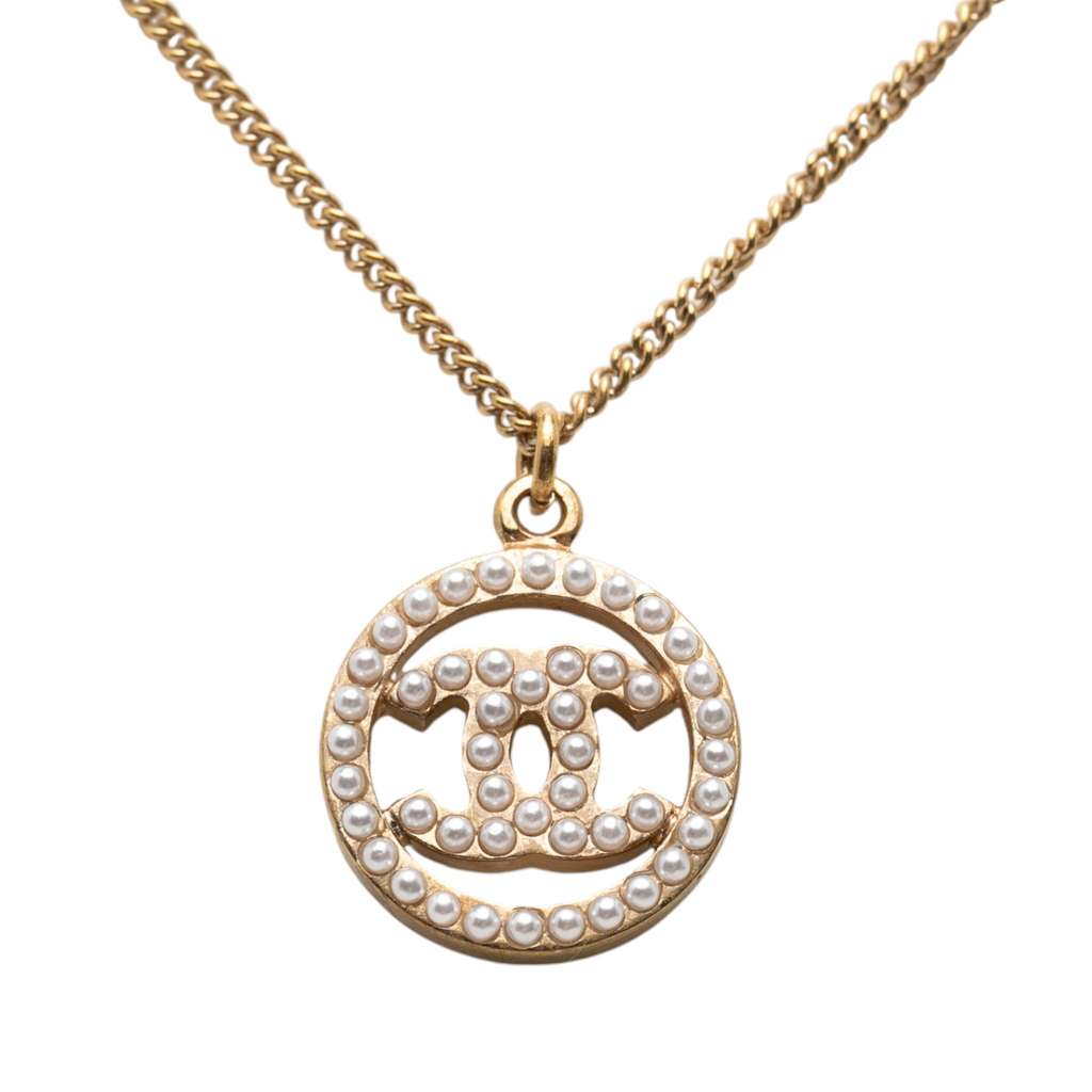 Chanel Gold Plated CC Faux Pearl Pendant Necklace Gold Metal Good condition - Inside View