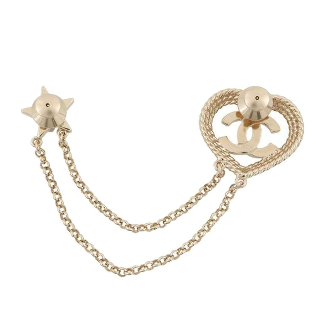 Chanel CC Gold Plated Rhinestone Faux Pearl Heart Star Double Brooch Gold Metal Good condition - Back View
