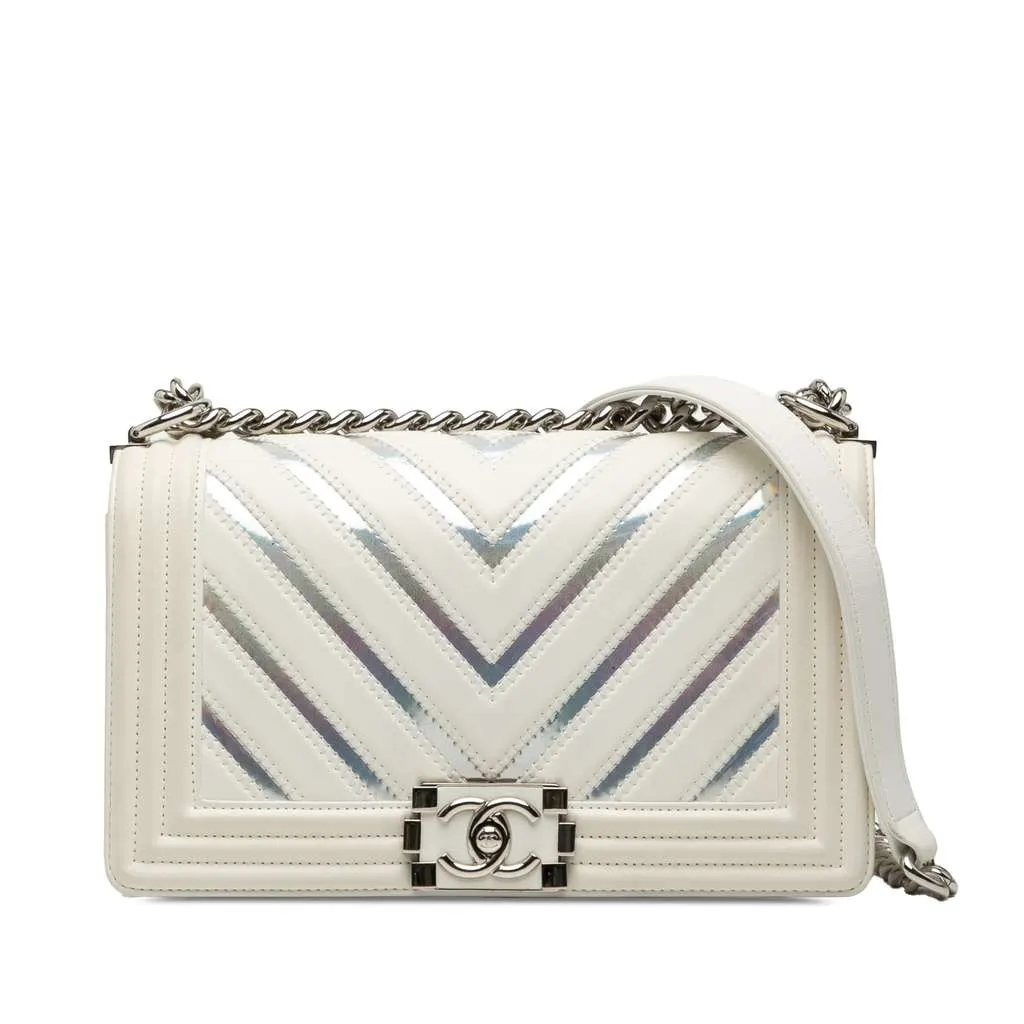 Chanel Old Medium Chevron Lambskin and Iridescent PVC Boy Flap White Leather Very good - Front View