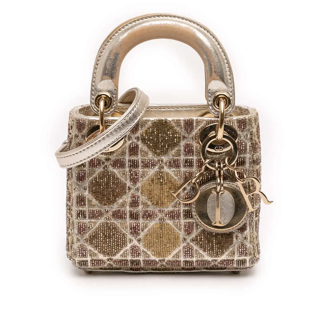 Dior Micro Metallic Calfskin Cannage Beaded Lady Dior Gold Leather Good - Front View