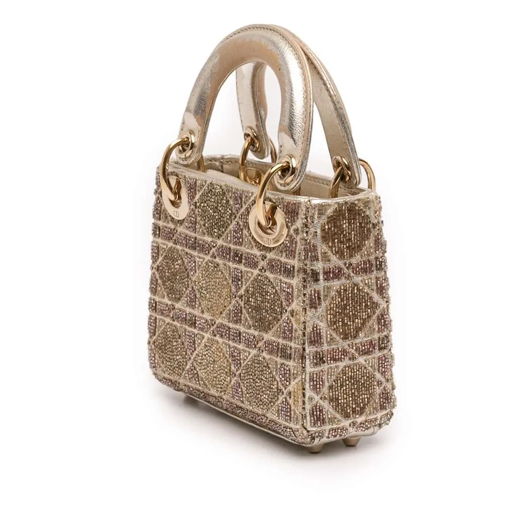 Dior Micro Metallic Calfskin Cannage Beaded Lady Dior Gold Leather Good - Back View