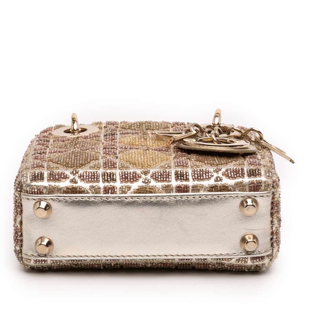 Dior Micro Metallic Calfskin Cannage Beaded Lady Dior Gold Leather Fair condition - Inside View