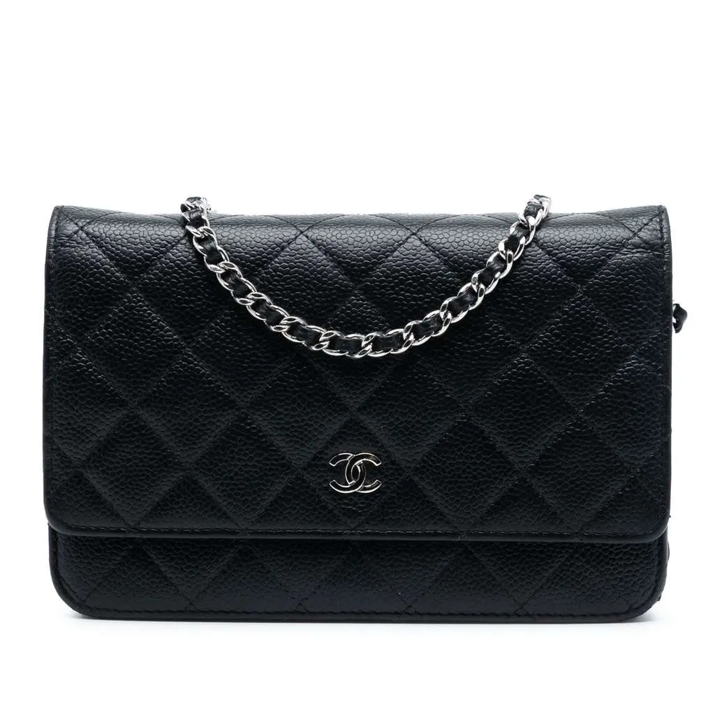 Chanel CC Quilted Caviar Wallet on Chain Black Leather Good - Front View