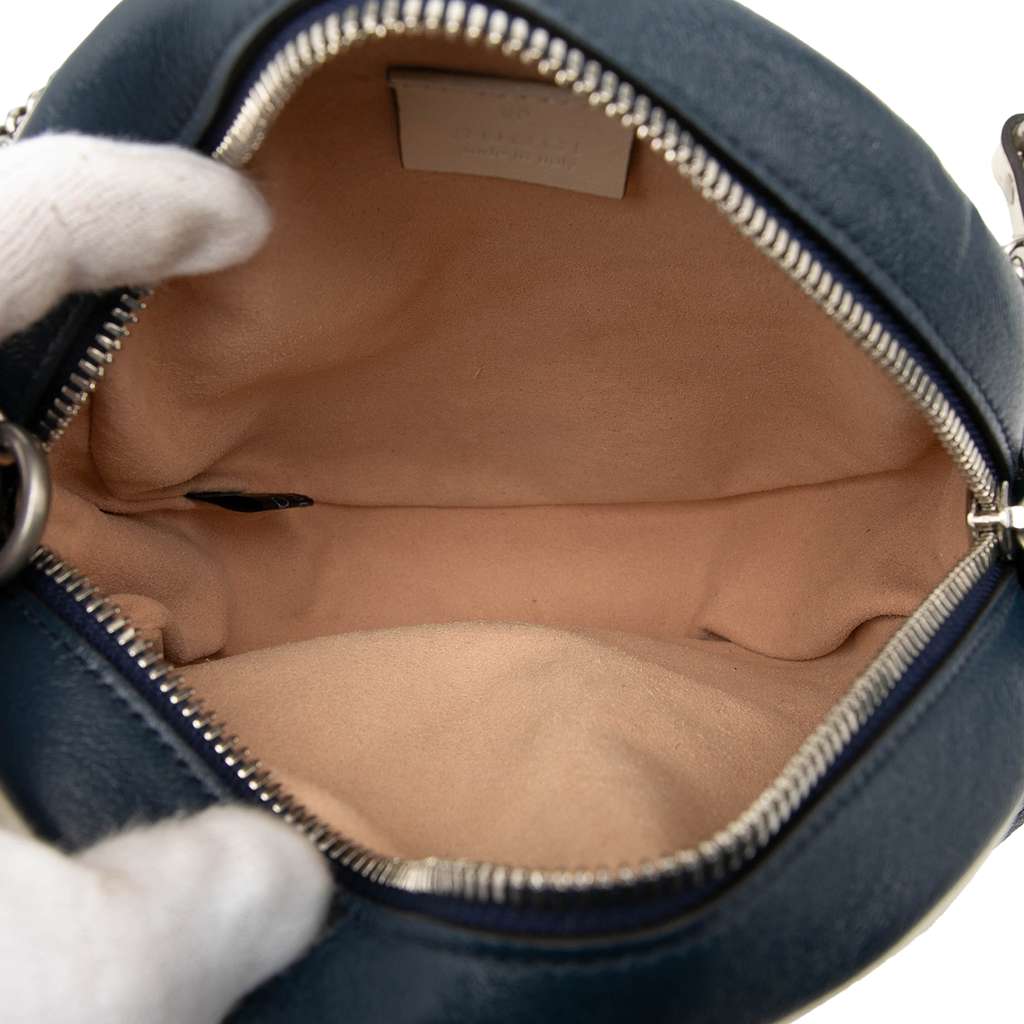 Gucci Mini GG Marmont Matelasse Leather Torchon Round Crossbody Blue Leather Good condition - Model View