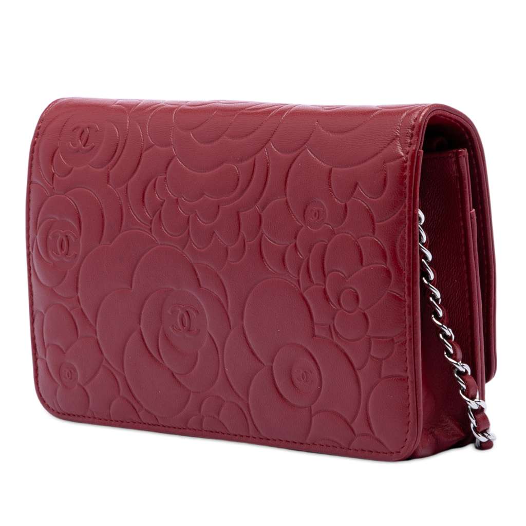 Chanel CC Embossed Lambskin Camellia Wallet On Chain Red Leather Good condition - Back View