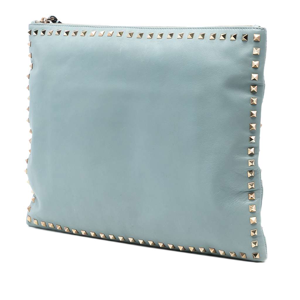 Valentino Large Leather Rockstud Clutch Blue Leather Good condition - Back View