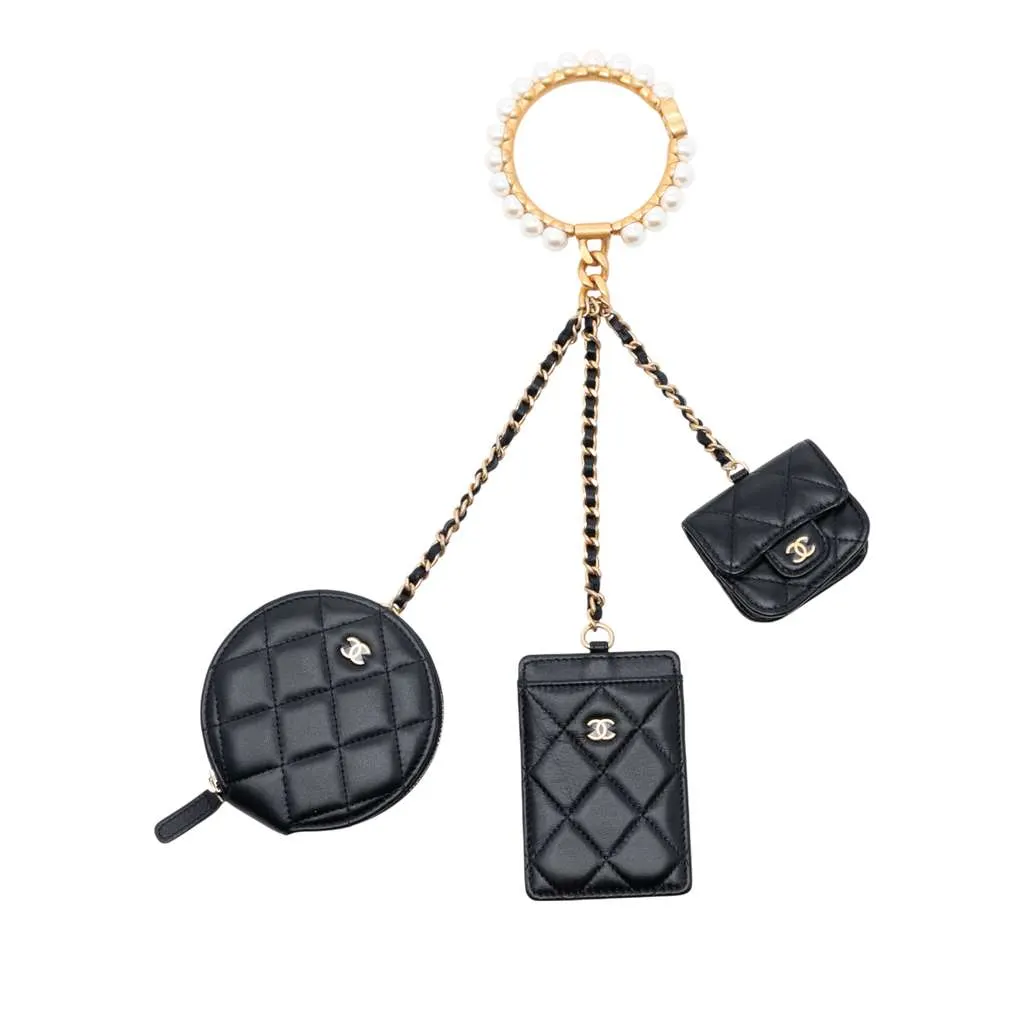 Chanel Quilted Lambskin Pearl Crown CC Wristlet Multi Pouches Black Leather Very good - Front View