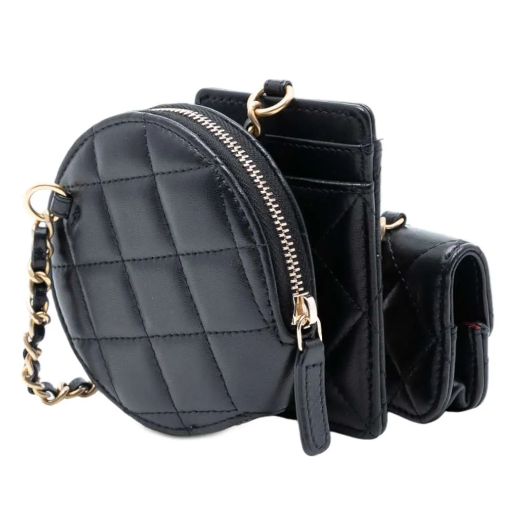 Chanel Quilted Lambskin Pearl Crown CC Wristlet Multi Pouches Black Leather Very good - Back View