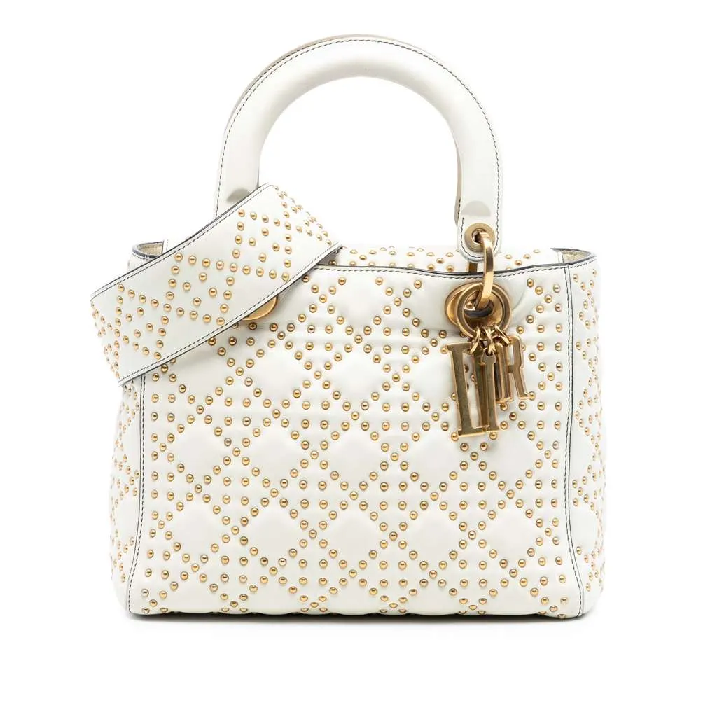 Dior Medium Lambskin Cannage Studded Supple Lady Dior White Leather Very good - Front View