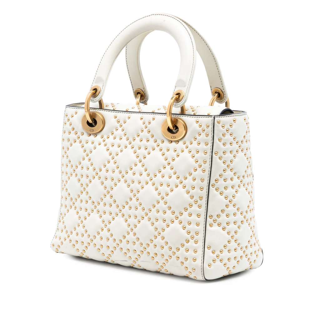 Dior Medium Lambskin Cannage Studded Supple Lady Dior White Leather Good condition - Back View