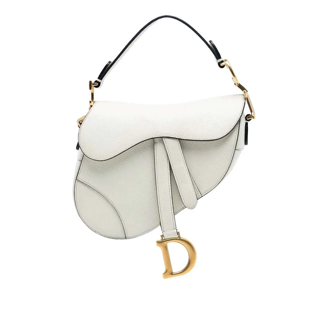 Dior Mini Grained Calfskin Saddle Bag White Leather Very good - Front View