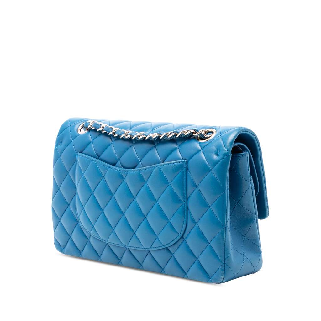 Chanel Medium Classic Lambskin Double Flap Blue Leather Good condition - Back View