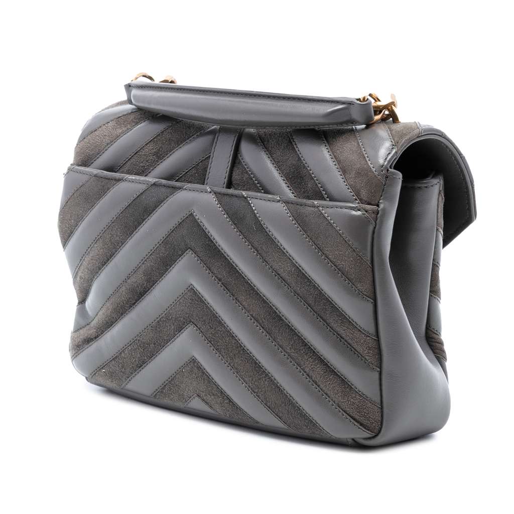 Saint Laurent Medium Calfskin and Suede Chevron Monogram College Satchel Grey Leather Good condition - Back View