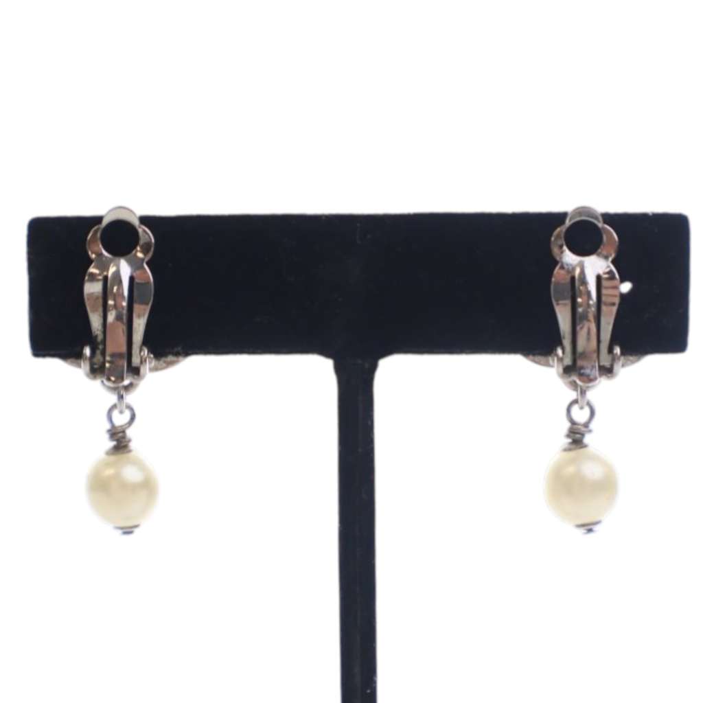 Chanel Silver Plated CC Faux Pearl Drop Clip On Earrings Silver Metal Good condition - Back View
