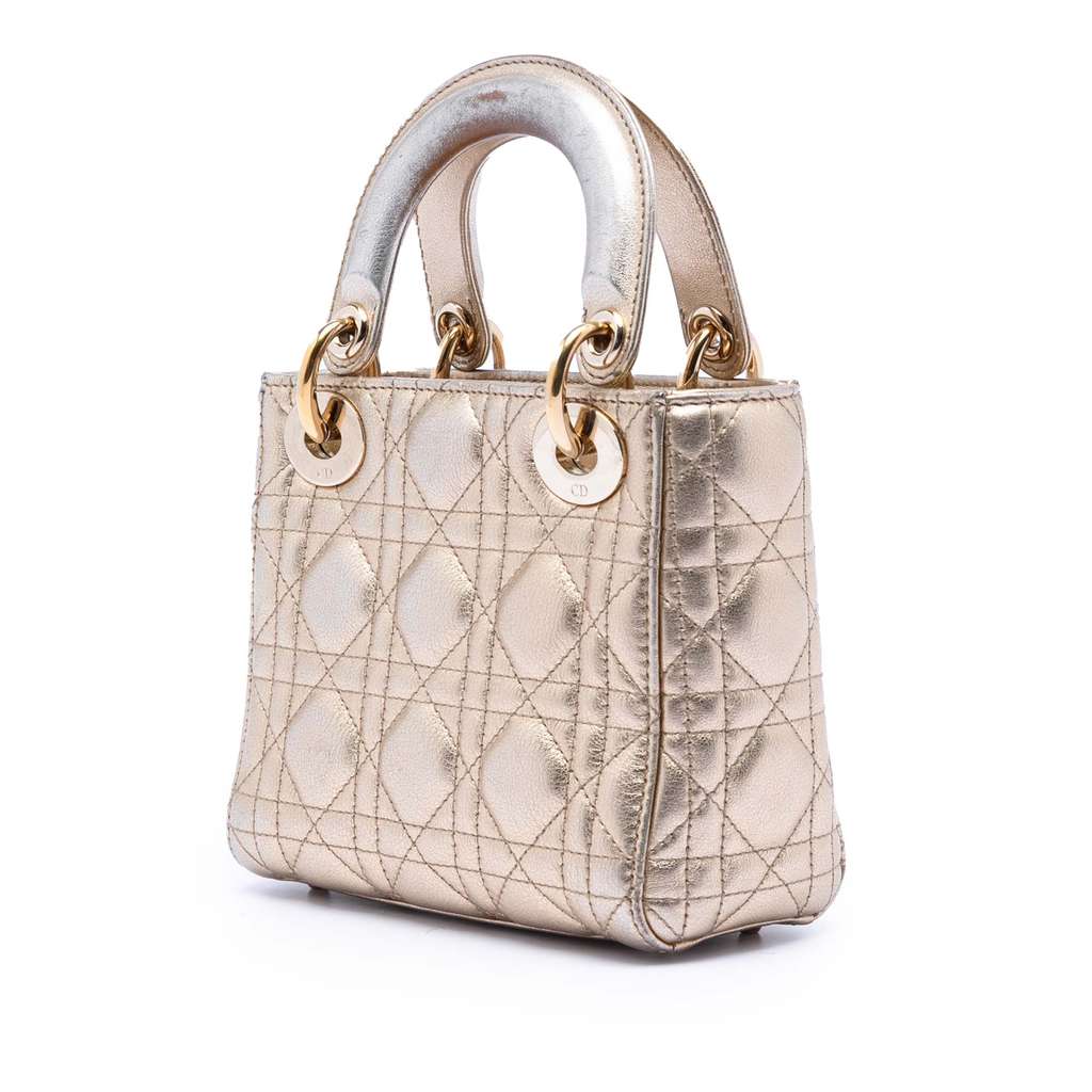 Dior Mini Metallic Lambskin Cannage Lady Dior Gold Leather Good condition - Back View